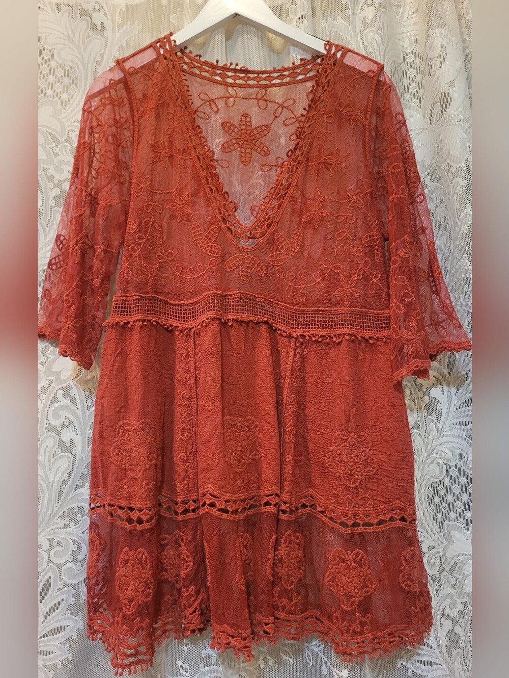 Rust Red Lace Boho Tunic with V-Neck